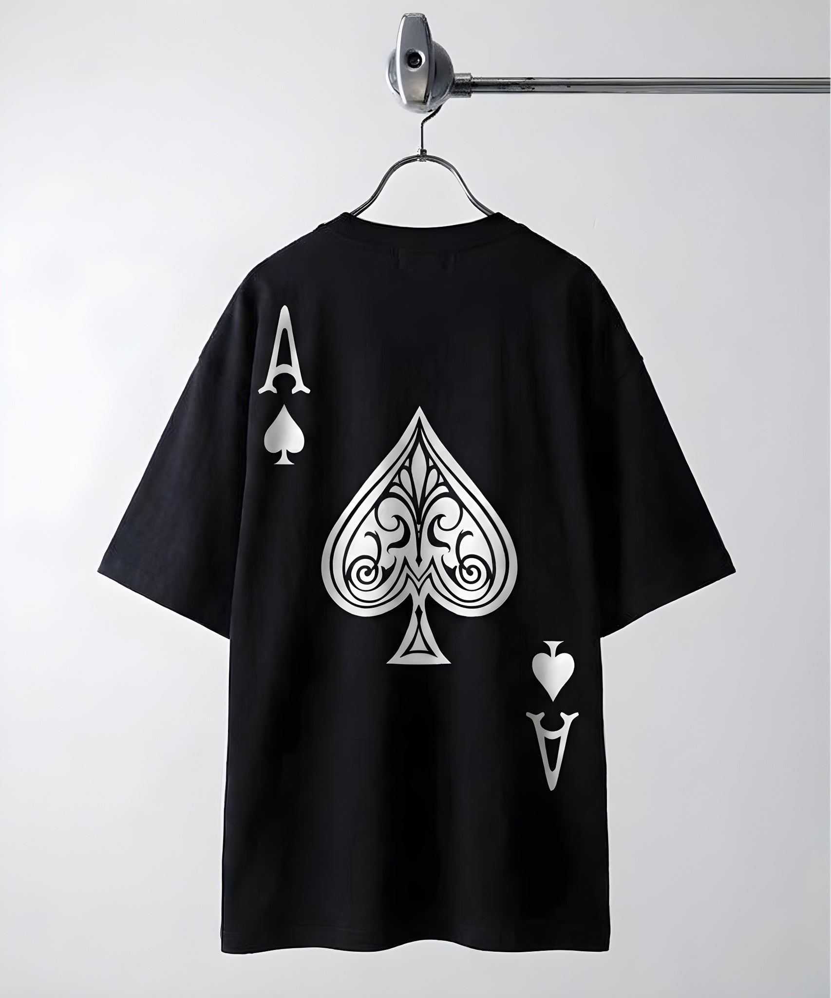 Erkek Maça As Baskılı Siyah Oversize T-Shirt