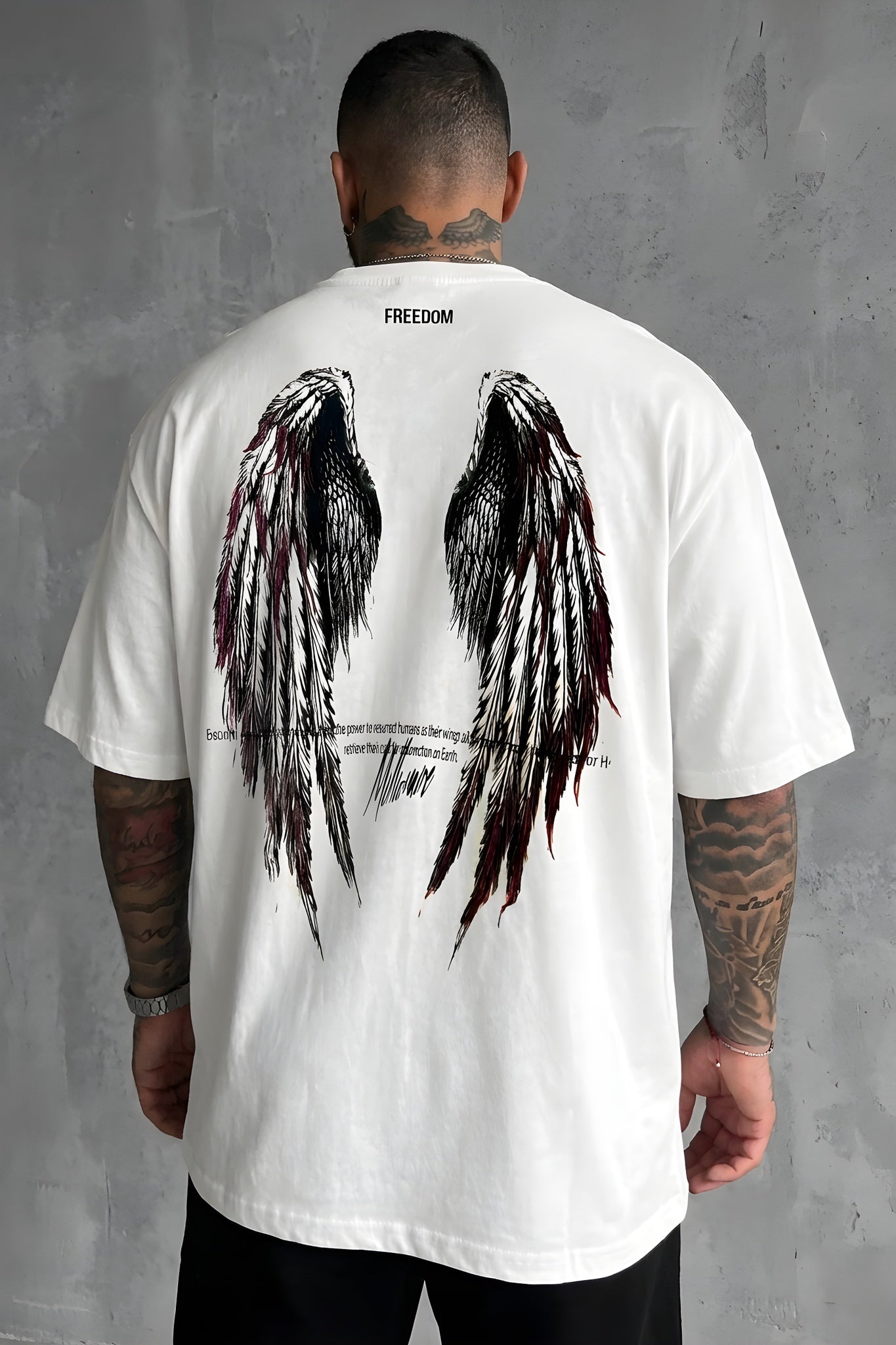 Erkek Ekru Beyaz Freedom Kanat Baskılı Oversize Salaş T-Shirt