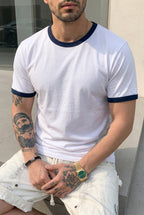 Erkek Beyaz Renkli Tişört Bisiklet Yaka Kol Garnili Regular T-shirt