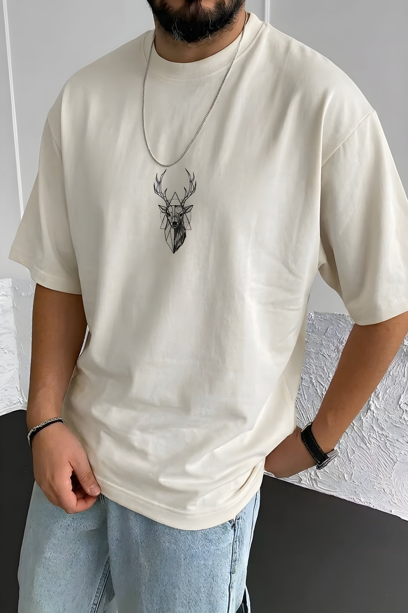 Erkek Taş Geyik Baskılı Oversize Fit Bol Geniş Kalıp Salaş Kesim T-shirt