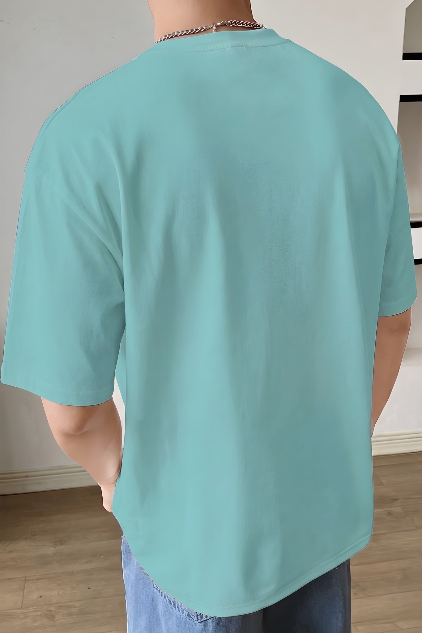 Erkek Turkuaz Geyik Baskılı Oversize Fit Bol Geniş Kalıp Salaş Kesim T-shirt