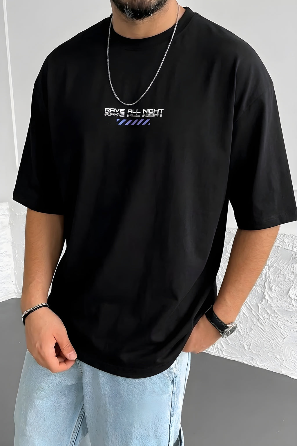 Erkek Siyah Rave All Night Oversize Fit Bol Geniş Kalıp Salaş Kesim T-shirt