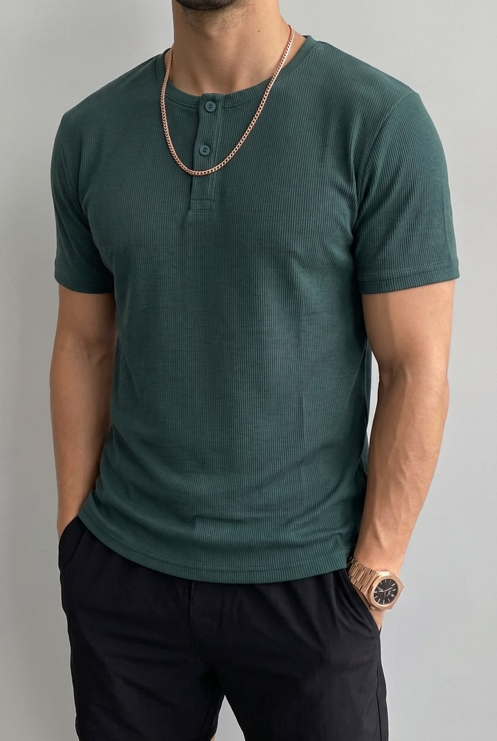 Erkek Haki Henley Yaka Tişört Üç Düğmeli Patlı Fitilli Regular T-shirt