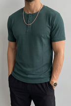 Erkek Haki Henley Yaka Tişört Üç Düğmeli Patlı Fitilli Regular T-shirt