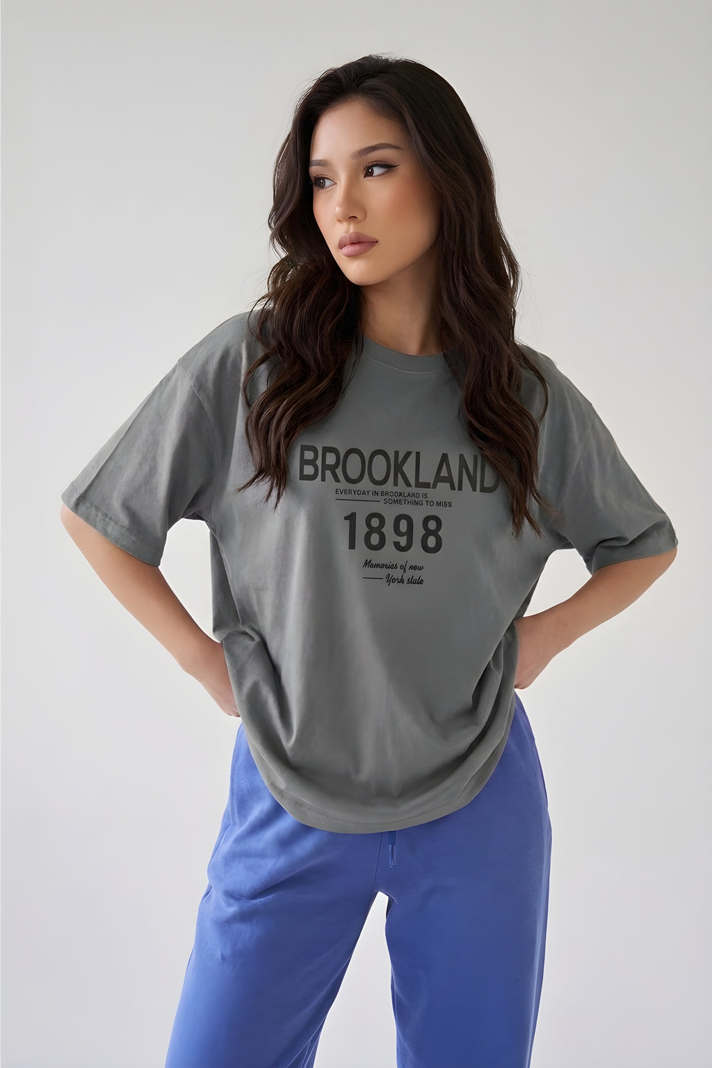 1898 Baskılı Gri Oversize Salas Boyfriend Kadın T-Shirt