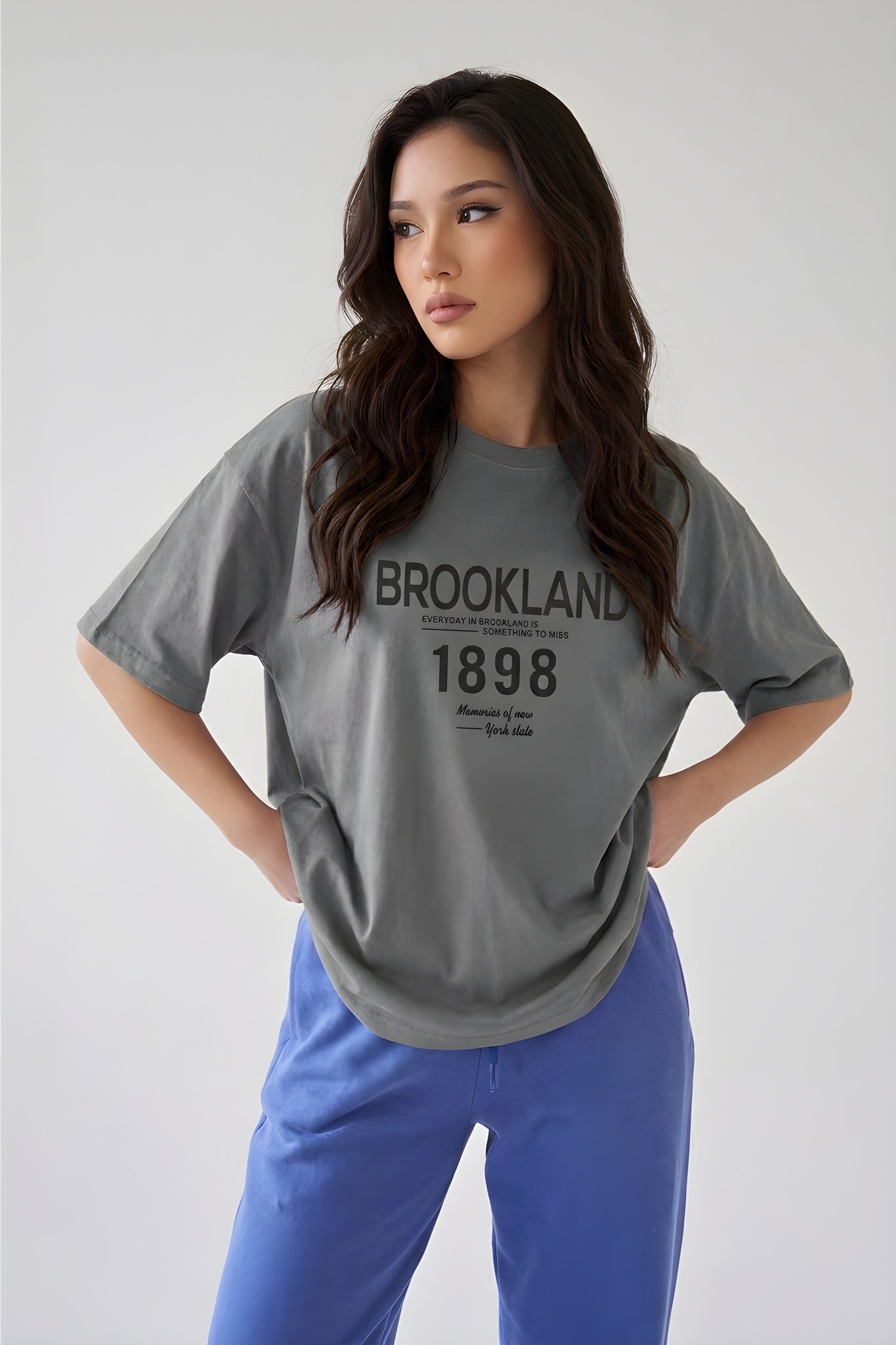 1898 Baskılı Gri Oversize Salas Boyfriend Kadın T-Shirt