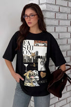Kadın Siyah Fashion Oversize Fit Bol Geniş Kalıp Salaş Kesim T-shirt