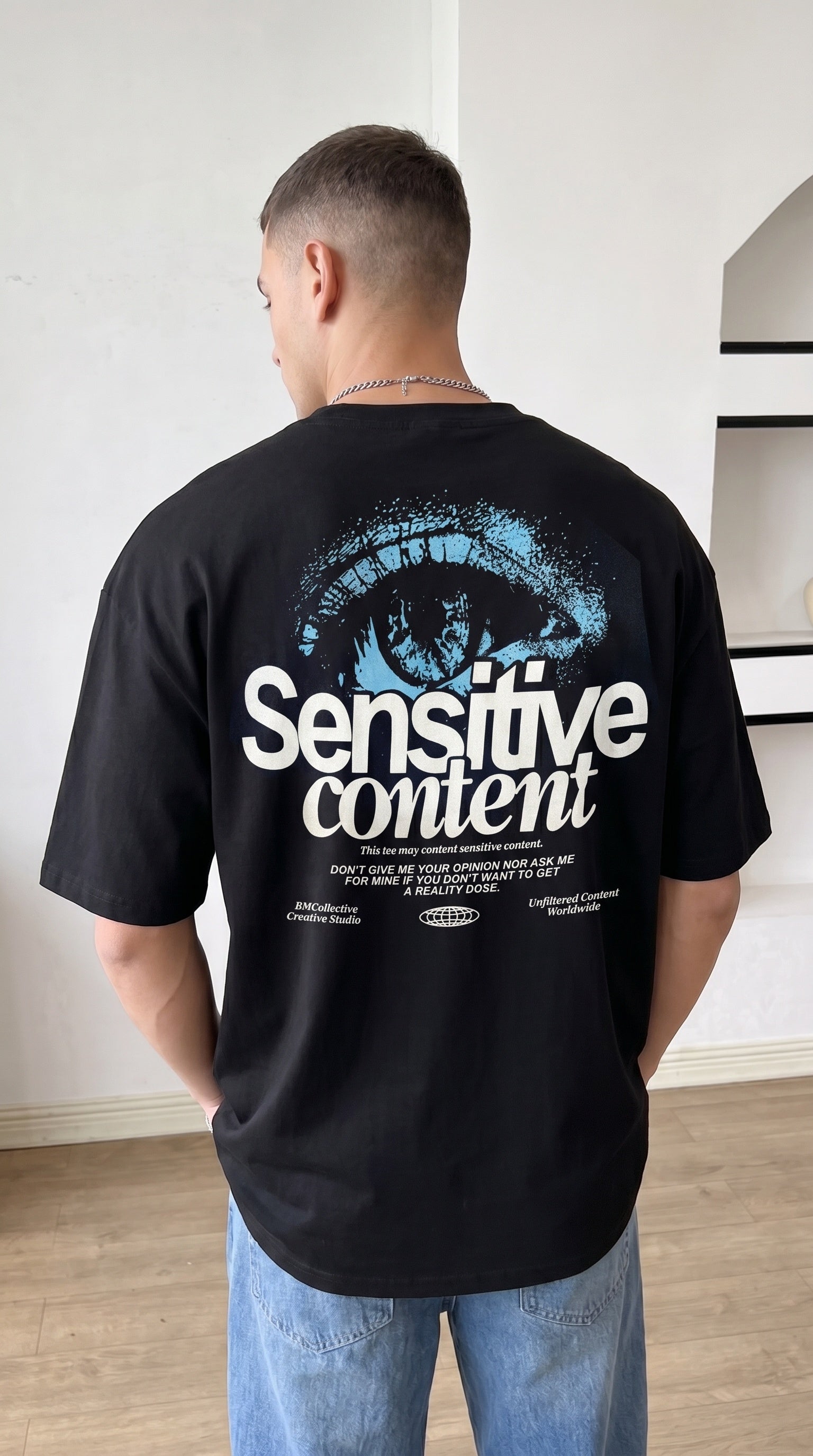 Erkek Siyah Göz Baskılı Sensitive Oversize Fit Bol Geniş Kalıp Salaş Kesim T-shirt