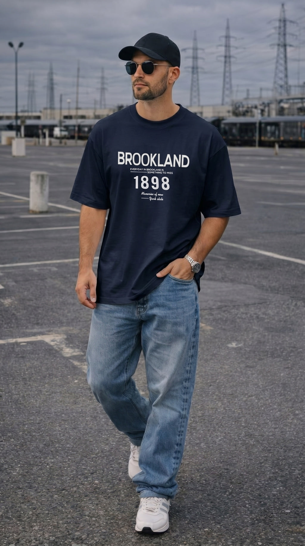 Erkek 1898 Baskılı Lacivert Oversize Salas T-shirt