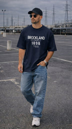 Erkek 1898 Baskılı Lacivert Oversize Salas T-shirt