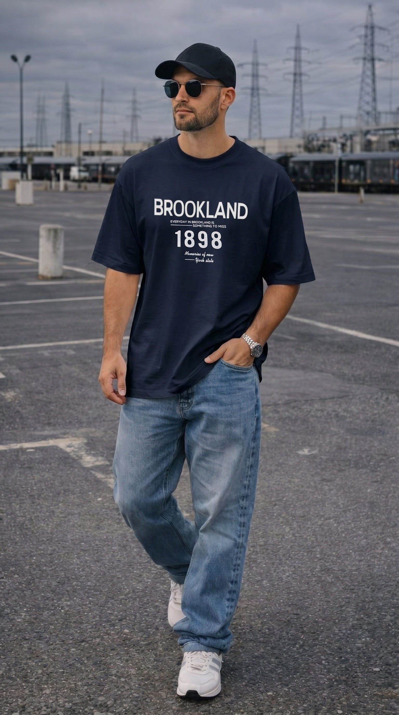 Erkek 1898 Baskılı Lacivert Oversize Salas T-shirt