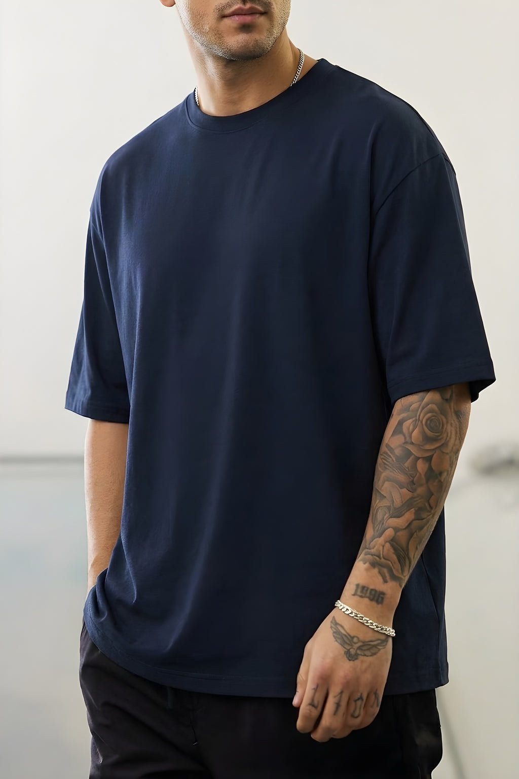 Erkek Lacivert Bisiklet Yaka Düz Basic Baskısız Oversize Salas T-Shirt