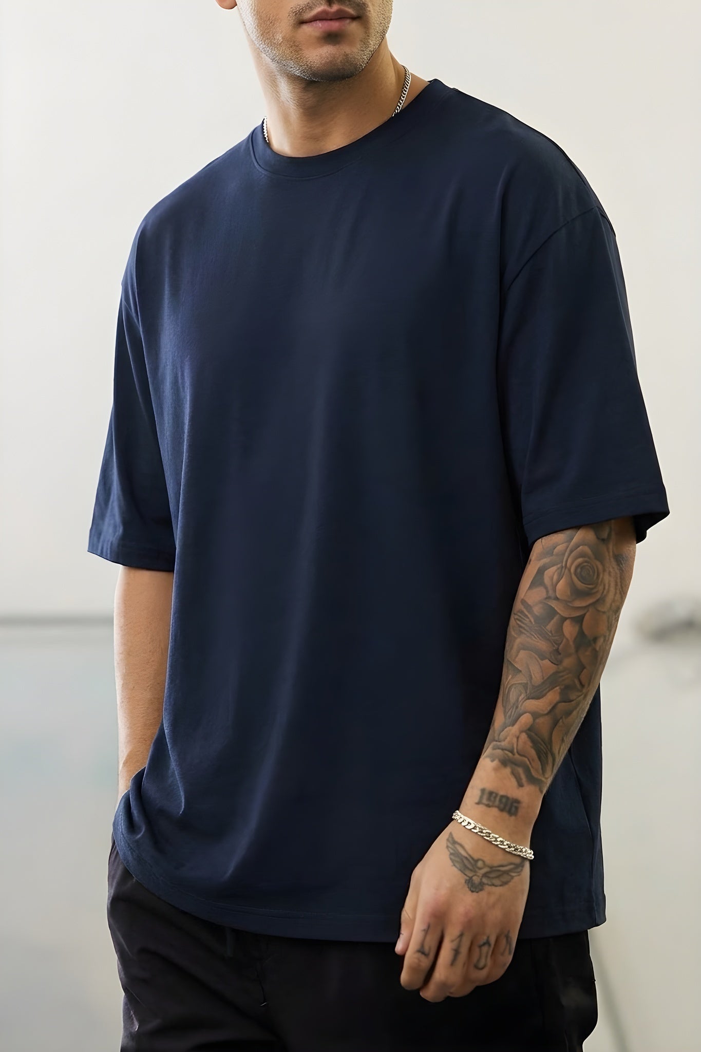 Erkek Lacivert Bisiklet Yaka Düz Basic Baskısız Oversize Salas T-Shirt