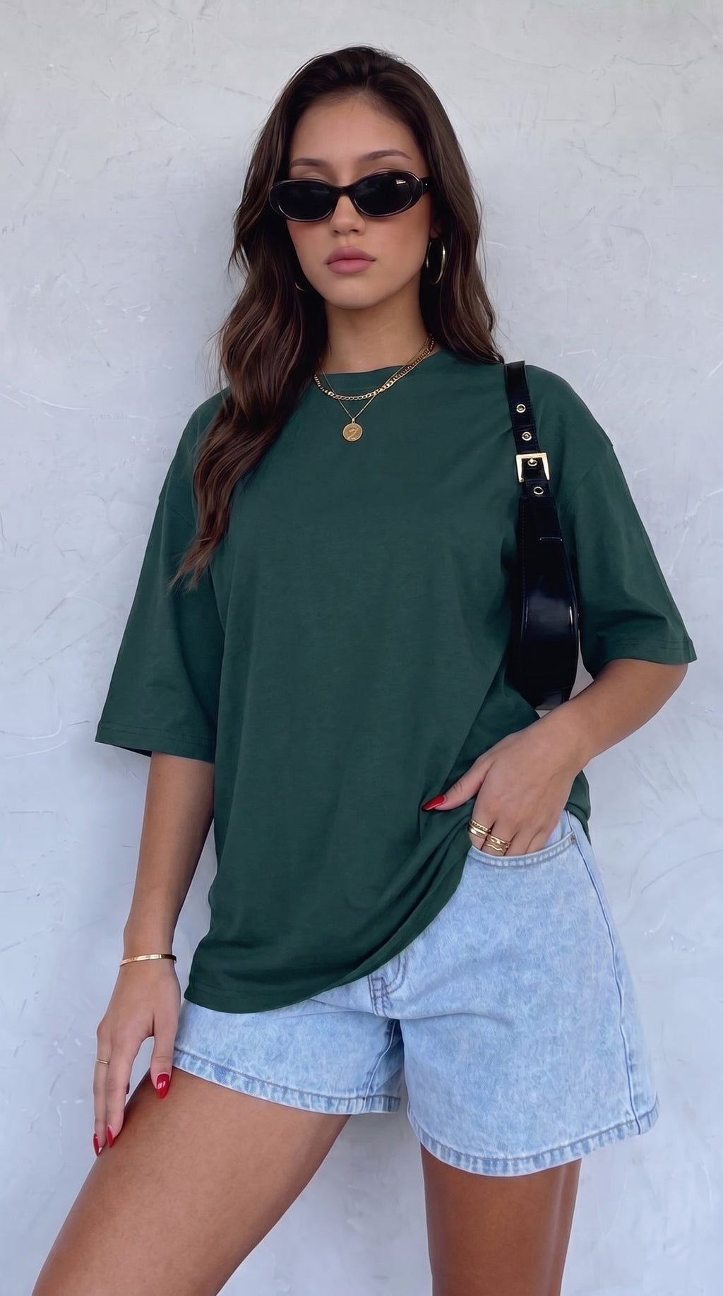 Kadın Petrol Yeşili Basic Düz Baskısız Oversize Salas T-Shirt