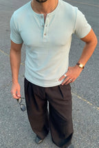Erkek Mint Henley Yaka Tişört Üç Düğmeli Patlı Fitilli Regular T-shirt