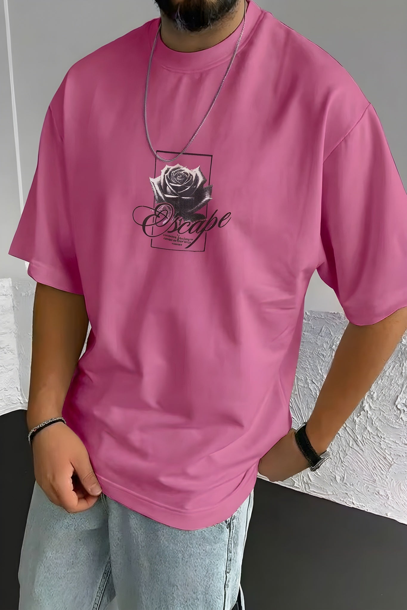 Erkek Fuşya Pembe Black Rose Oversize Fit Bol Geniş Kalıp Salaş Kesim T-shirt