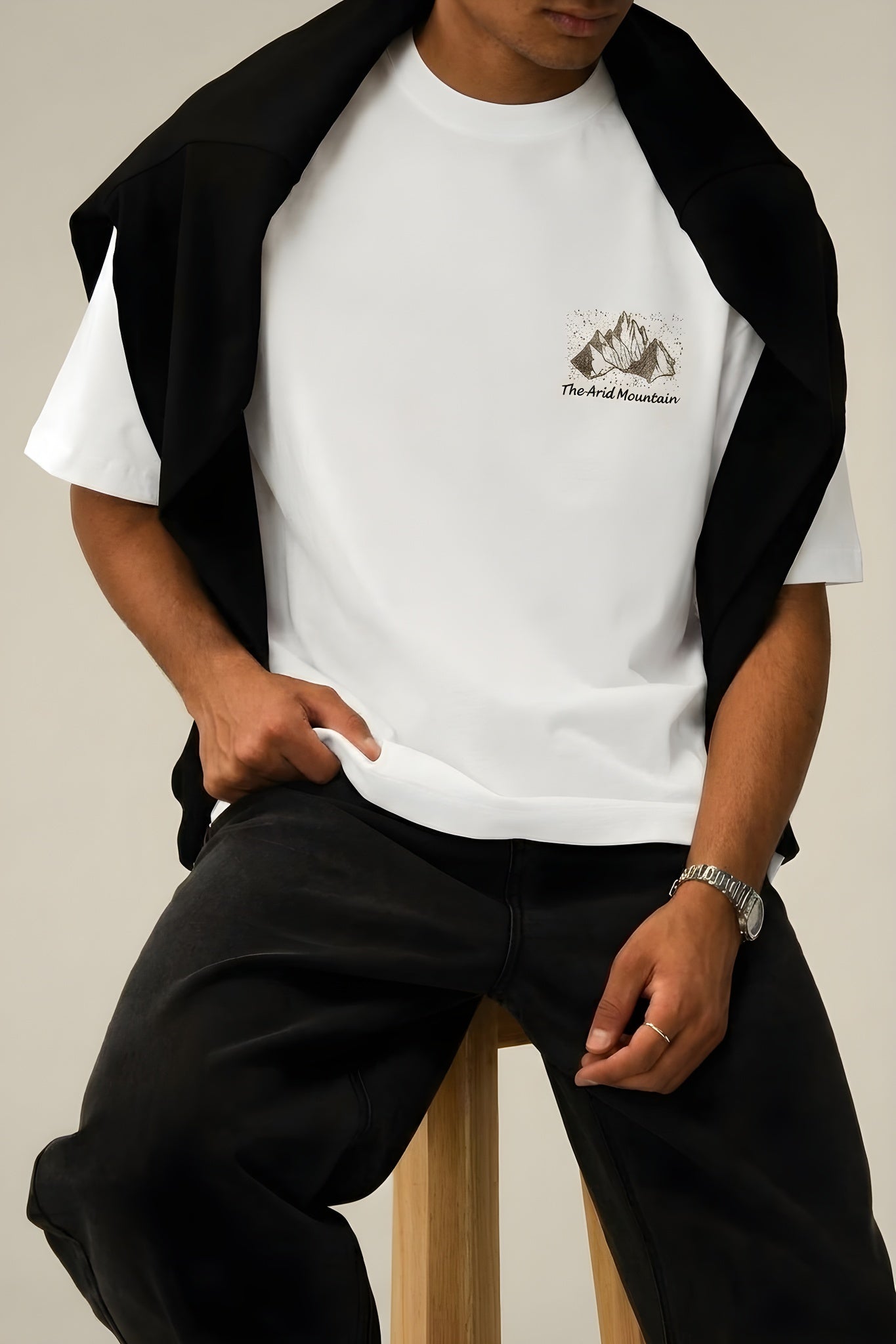 Erkek Arid Mountain Oversize Ekru Beyaz Salas T-Shirt