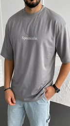 Erkek Füme Spectacular Beyaz Baskılı Oversize Salas T-Shirt