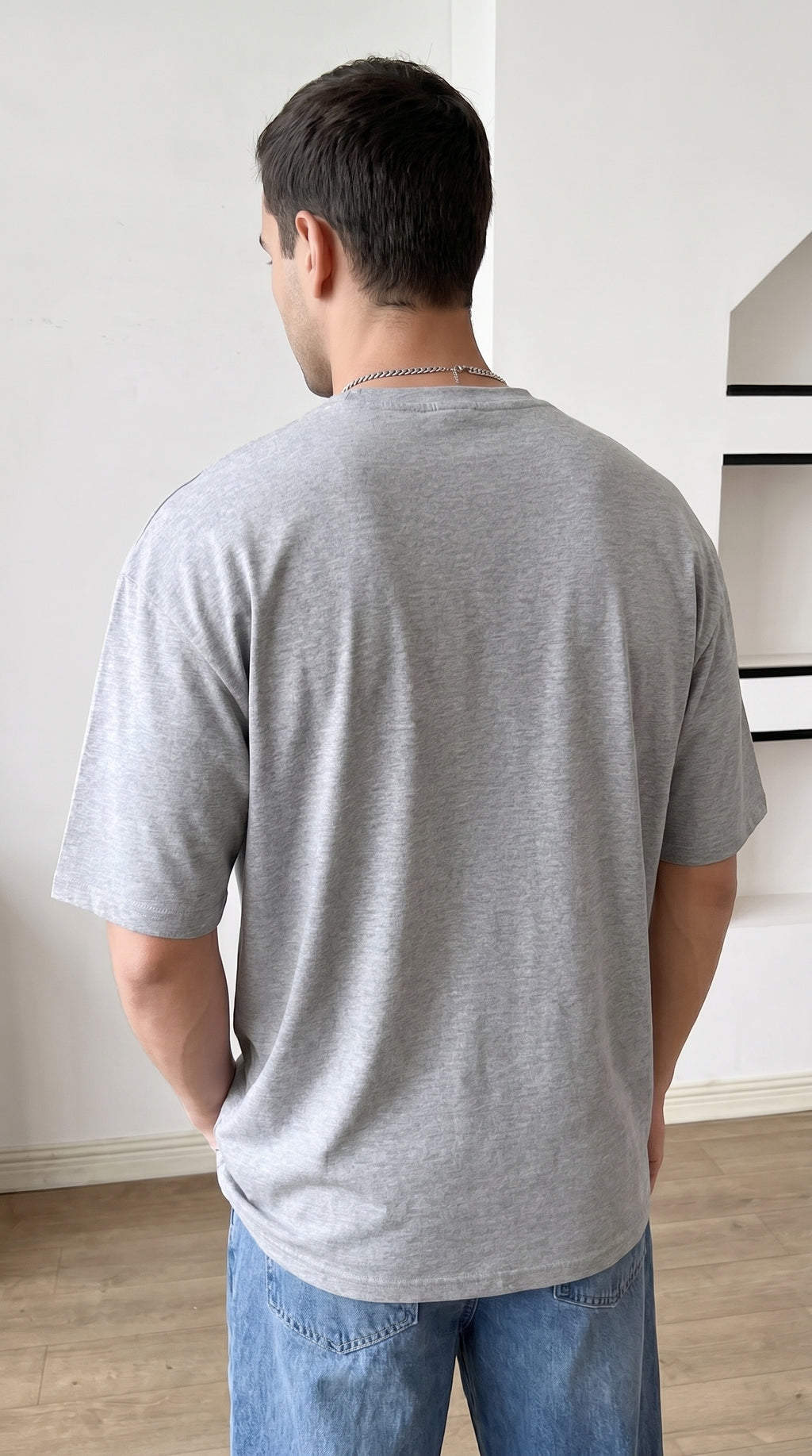 Erkek Melanj Gri Free Life Bisiklet Yaka Oversize Salas T-Shirt