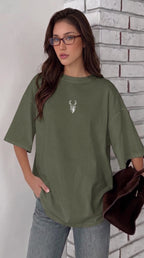 Kadın Haki Yeşil Geyik Oversize Salas Boyfriend T-shirt