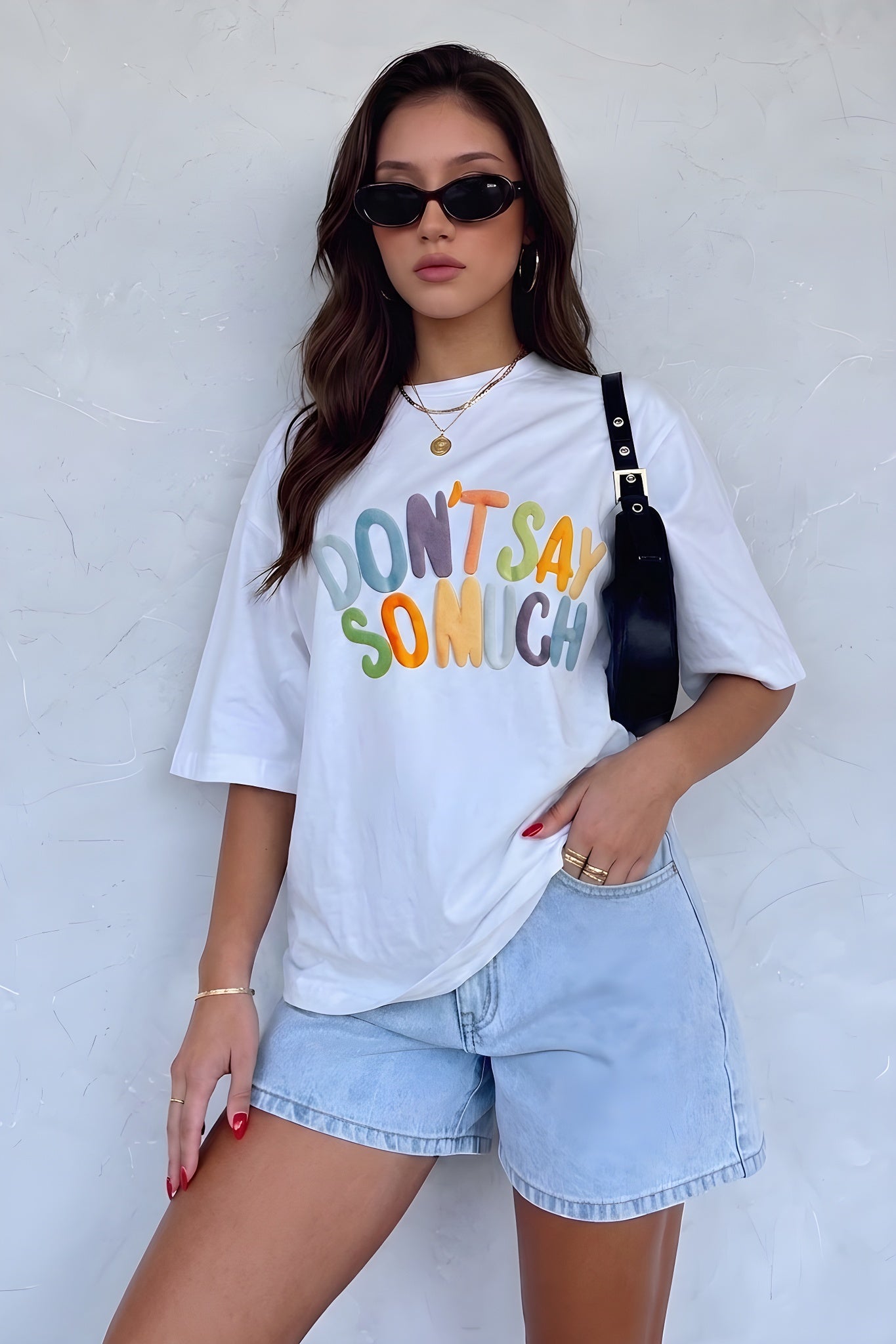 Kabaran Baskı Dont Say Beyaz Oversize Salas Boyfriend Kadın T-Shirt