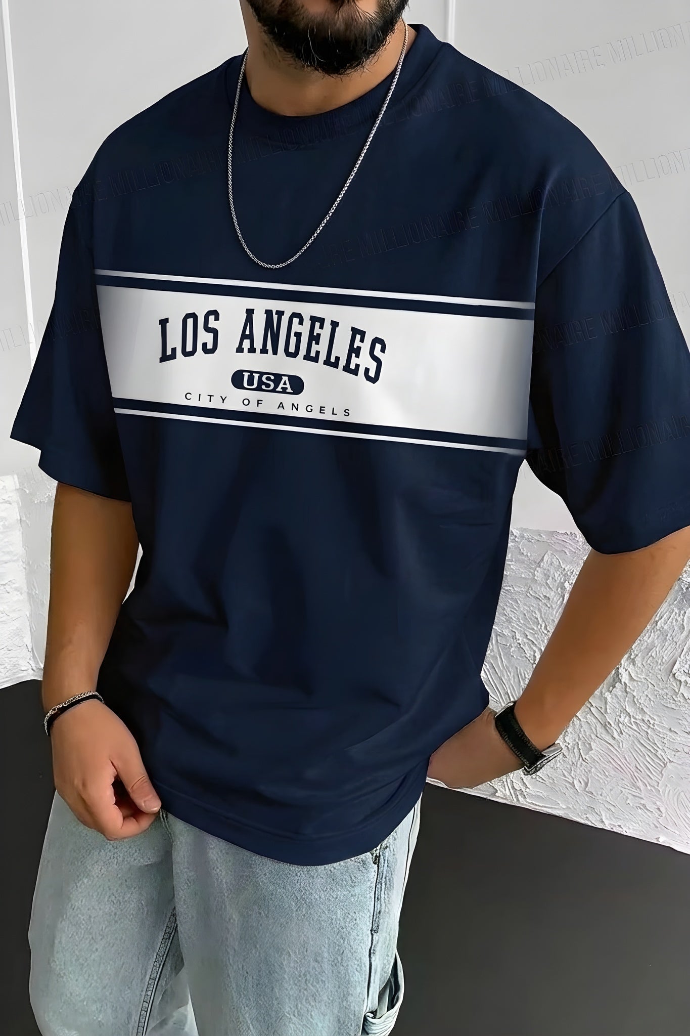 Erkek Lacivert City Of Angels Oversize Fit Bol Geniş Kalıp Salaş Kesim T-shirt