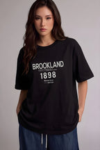 1898 Baskılı Siyah Oversize Salas Boyfriend Kadın T-Shirt