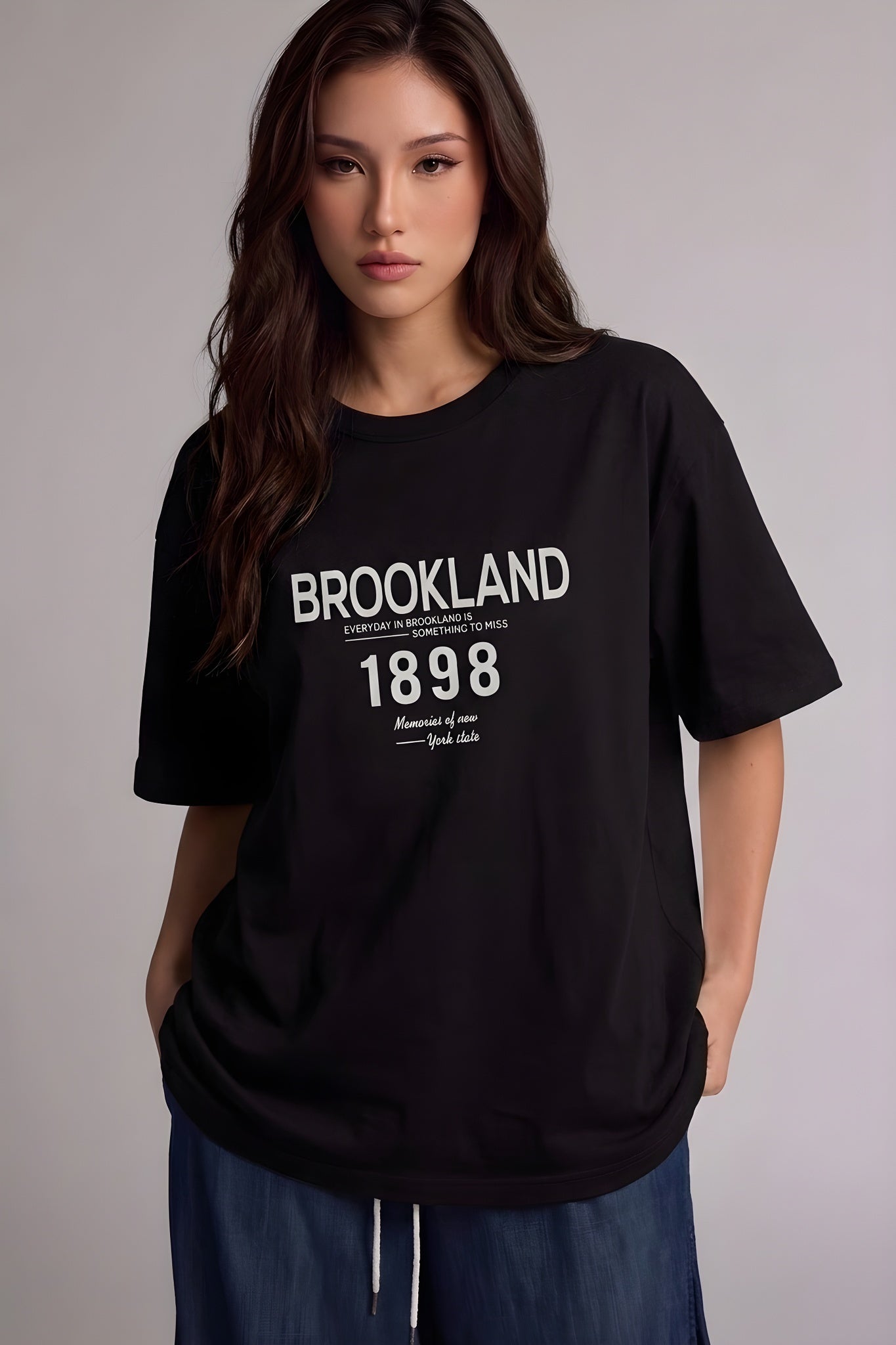 1898 Baskılı Siyah Oversize Salas Boyfriend Kadın T-Shirt