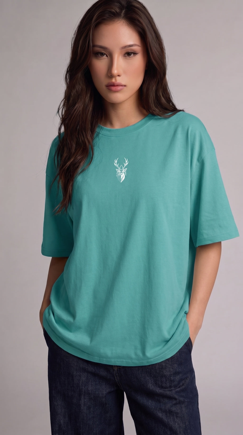 Kadın Turkuaz Geyik Oversize Salas Boyfriend T-shirt