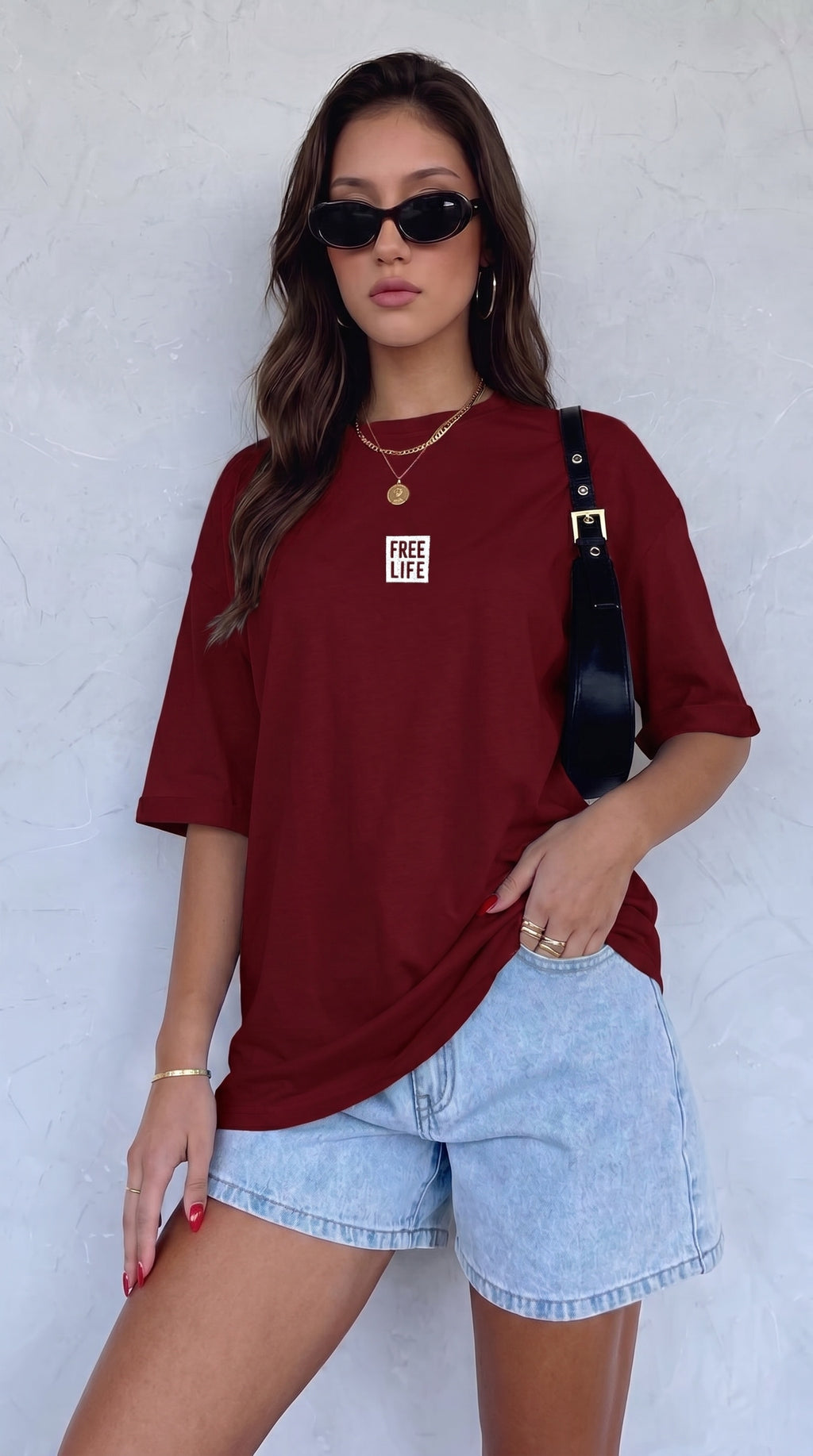 Kadın Bordo Free Life Bisiklet Yaka Oversize Salas T-Shirt