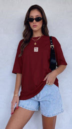 Kadın Bordo Free Life Bisiklet Yaka Oversize Salas T-Shirt