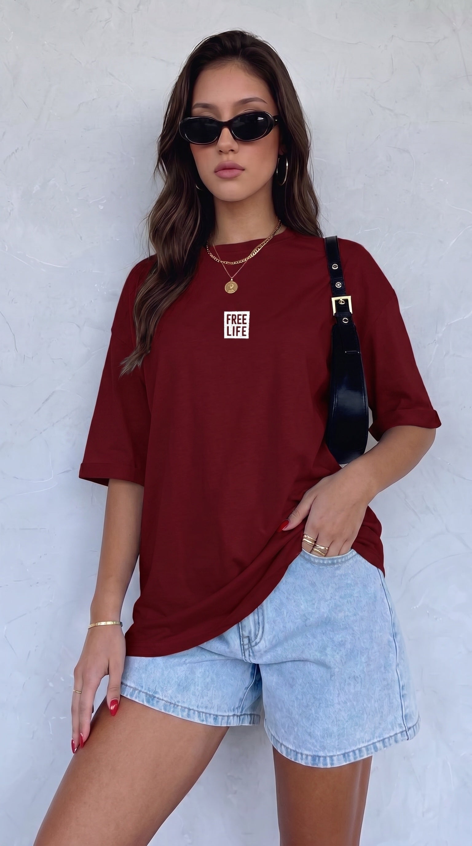 Kadın Bordo Free Life Bisiklet Yaka Oversize Salas T-Shirt