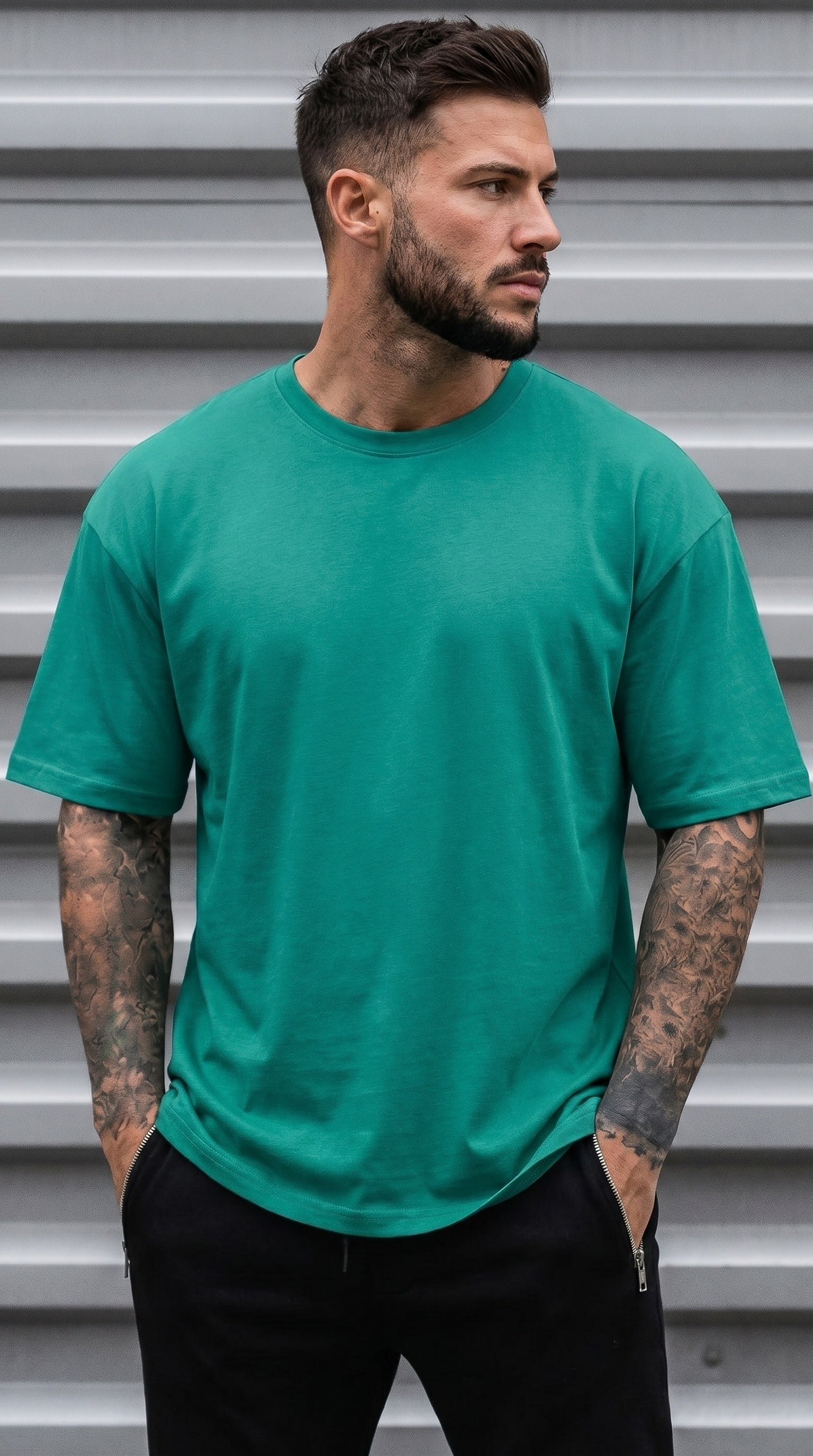 1 Adet Erkek Zümrüt Yeşil Basic Düz Baskısız Oversize Salas Loose Fit T-shirt