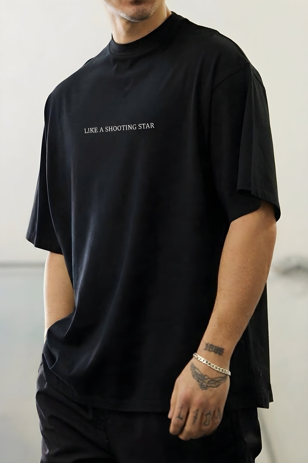 Erkek Dragon Baskılı Siyah Bisiklet Yaka Oversize Salaş T-Shirt