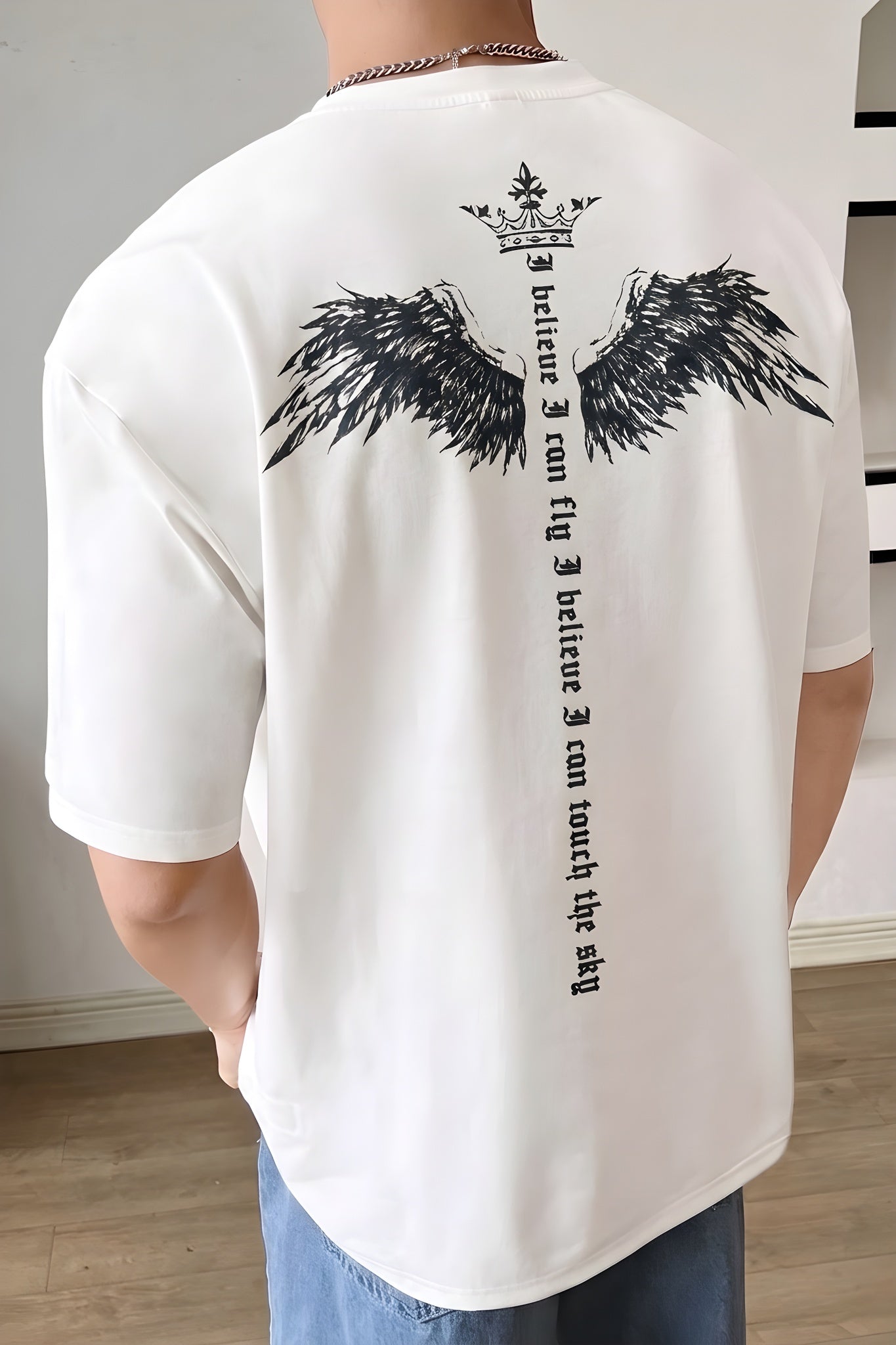 Erkek Ekru Beyaz I Can Fly Oversize Fit Bol Geniş Kalıp Salaş Kesim T-shirt