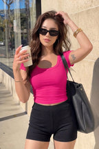 Kadın Şeker Pembe U Yaka Kısa Kollu Fitilli Kaşkorse Body T-Shirt