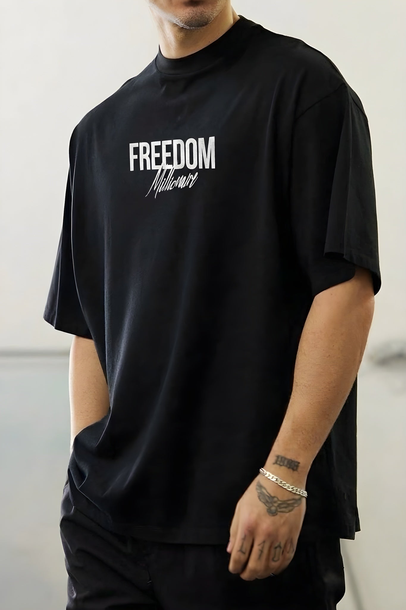 Erkek Freedom Kanat Baskılı Siyah Oversize Salaş T-Shirt