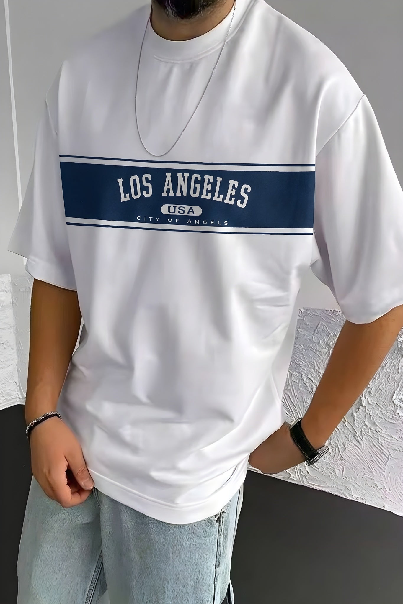 Erkek Ekru Beyaz City Of Angels Oversize Fit Bol Geniş Kalıp Salaş Kesim T-shirt