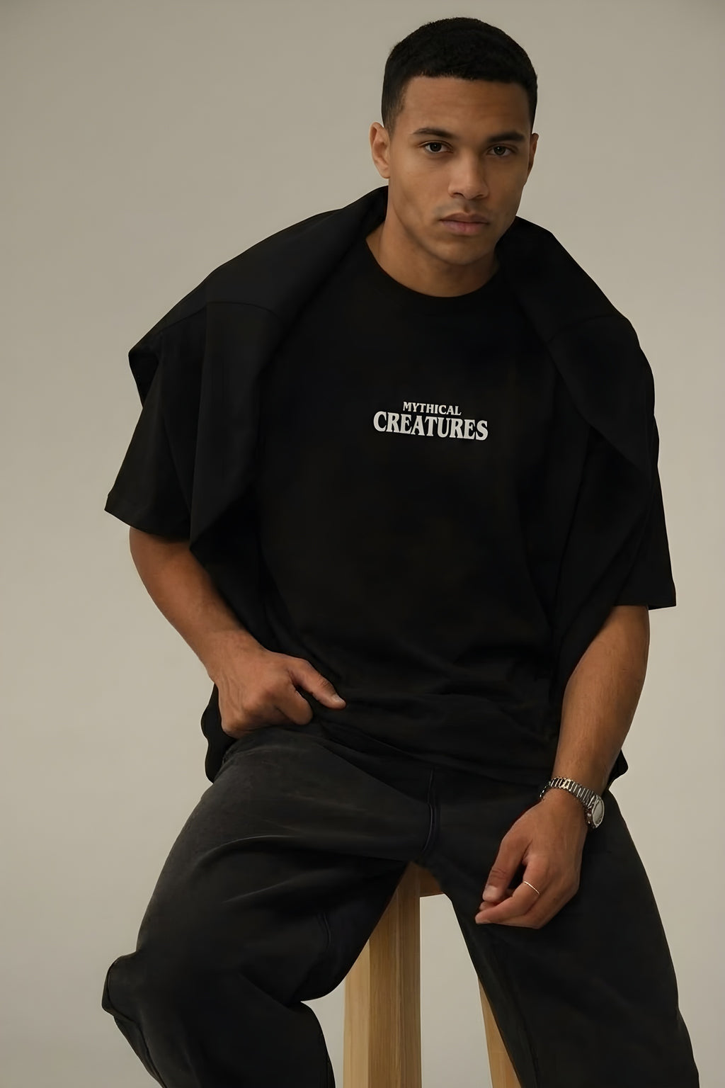 Erkek Siyah Creatures Oversize Fit Bol Geniş Kalıp Salaş Kesim T-shirt