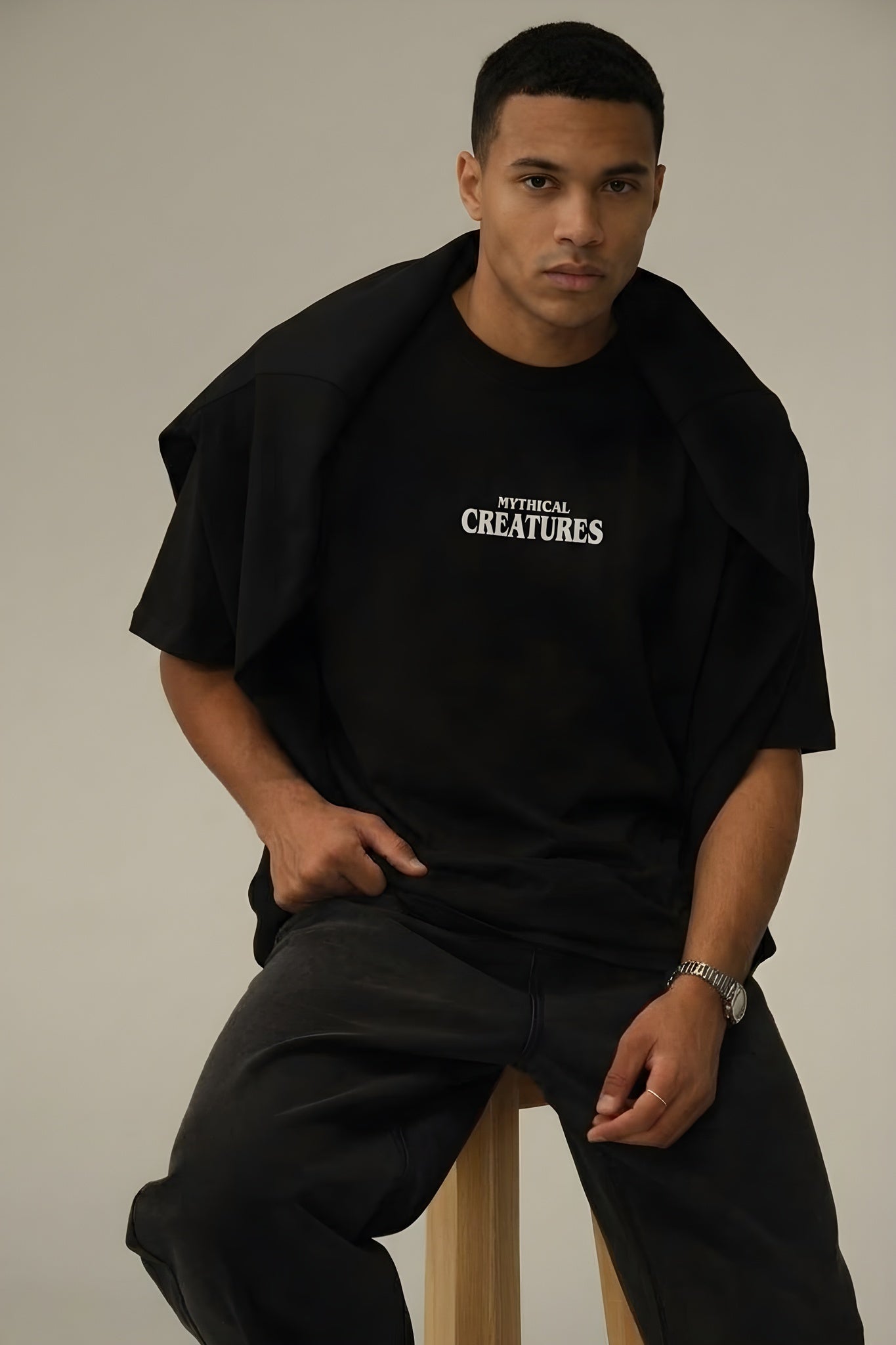 Erkek Siyah Creatures Oversize Fit Bol Geniş Kalıp Salaş Kesim T-shirt