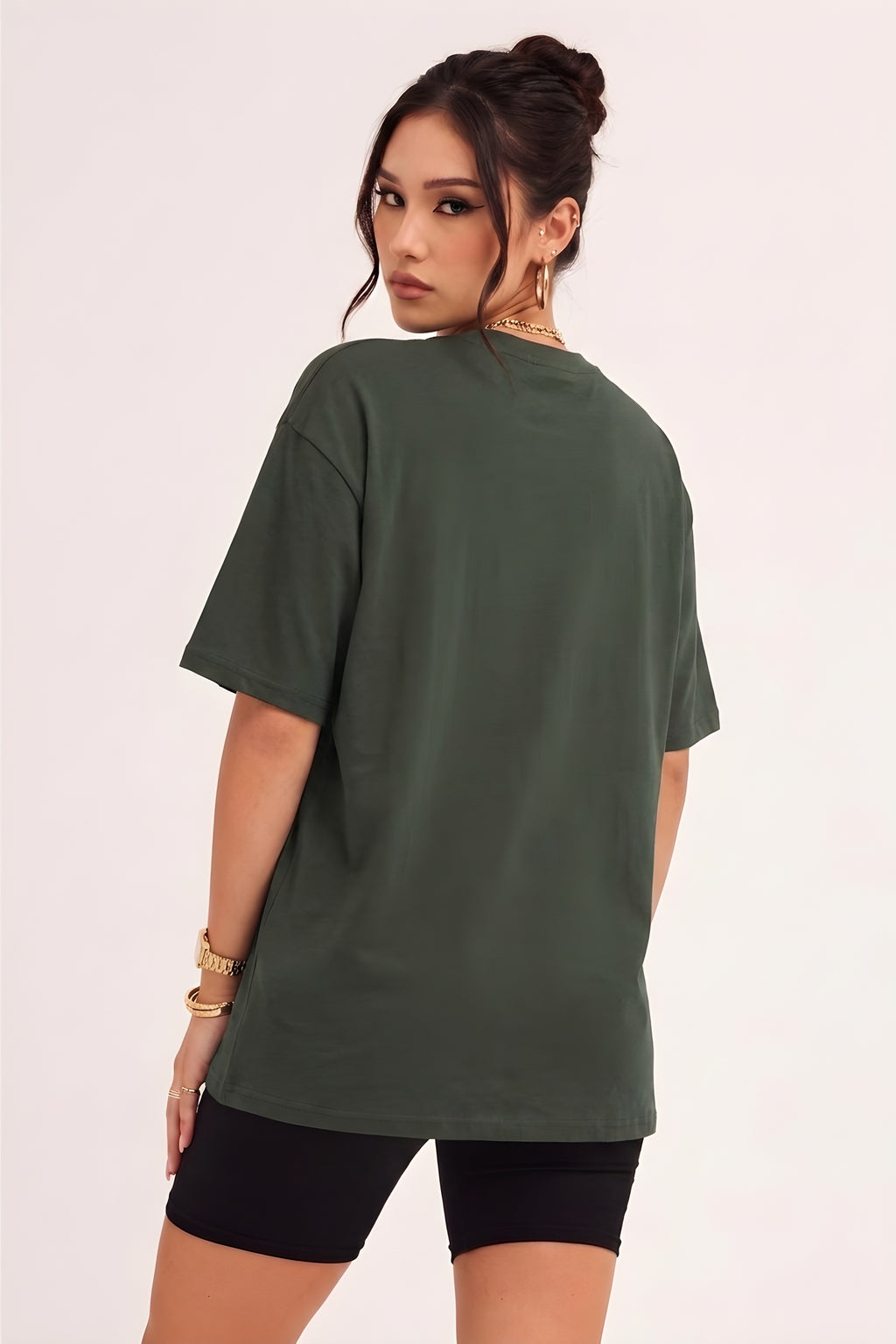Haki Basic Düz Baskısız Oversize Salas Boyfriend Kadın T-Shirt