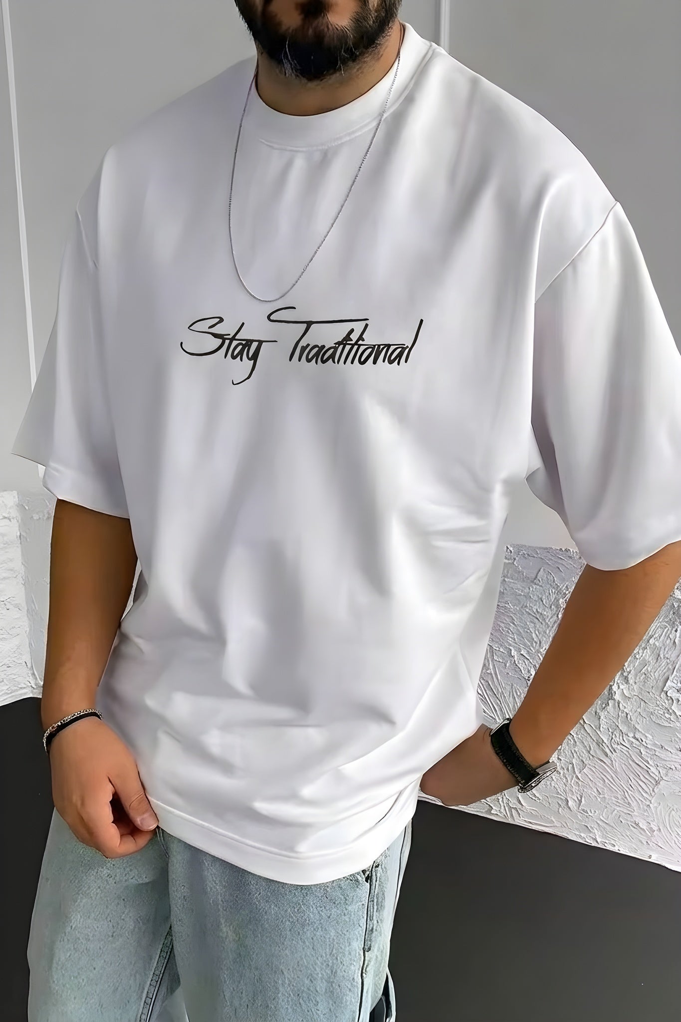 Erkek Ekru Beyaz Traditional Ayıcık Teddy Bear Oversize Fit Bol Geniş Kalıp Salaş Kesim T-shirt