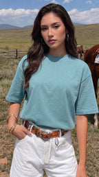 Kadın Turkuaz Basic Düz Baskısız Oversize Salas T-shirt