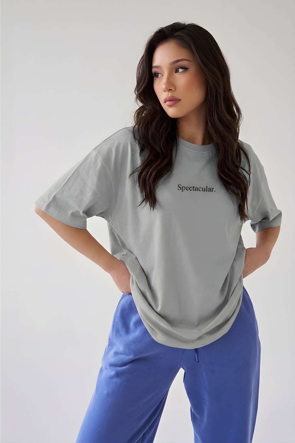 Spectacular Gri Oversize Salas Boyfriend Kadın T-Shirt