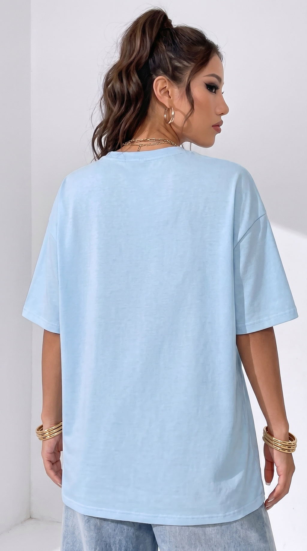 Kadın Açık Mavi Basic Düz Baskısız Oversize Salas T-shirt