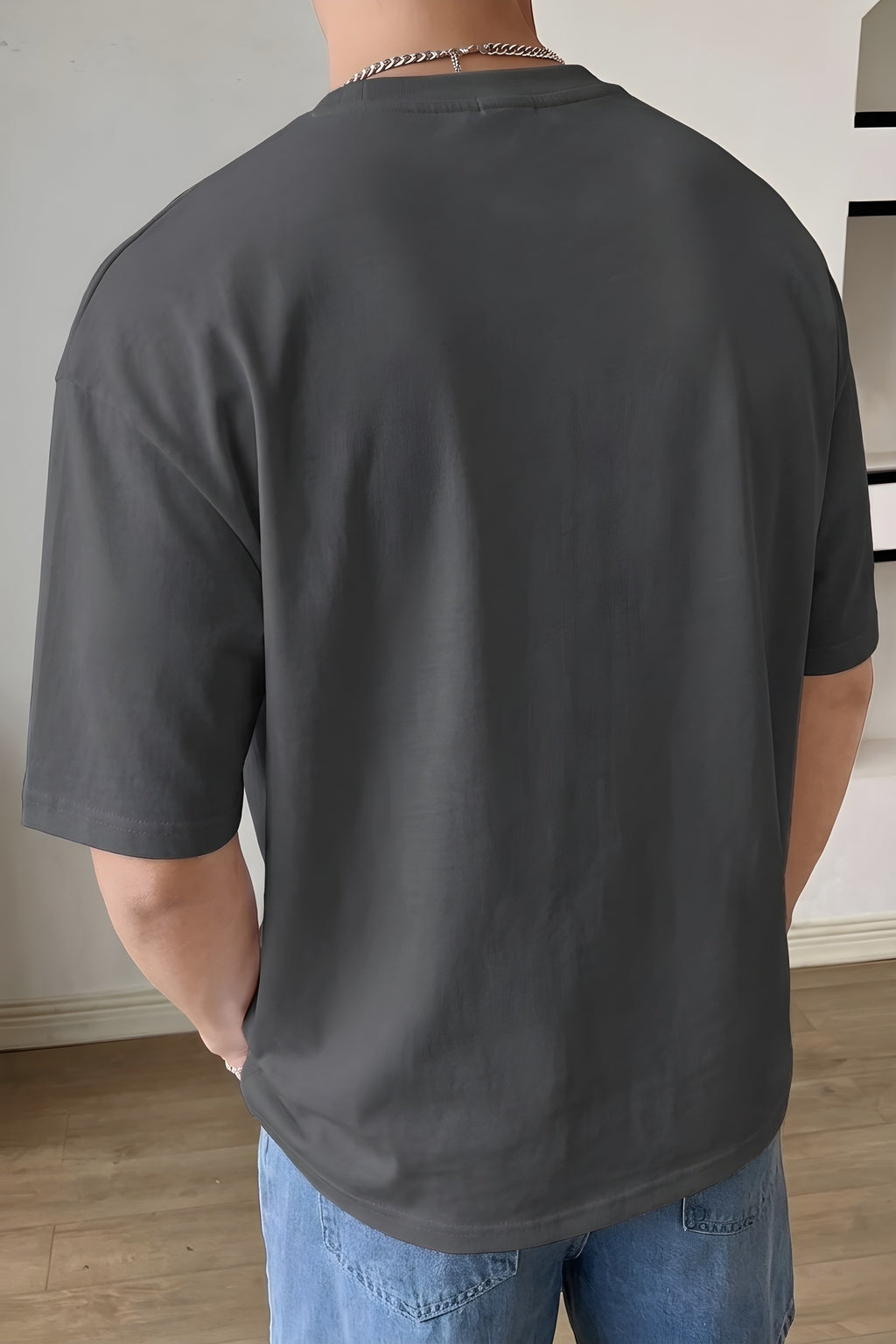 Erkek Füme Bisiklet Yaka Düz Basic Baskısız Oversize Salas T-Shirt