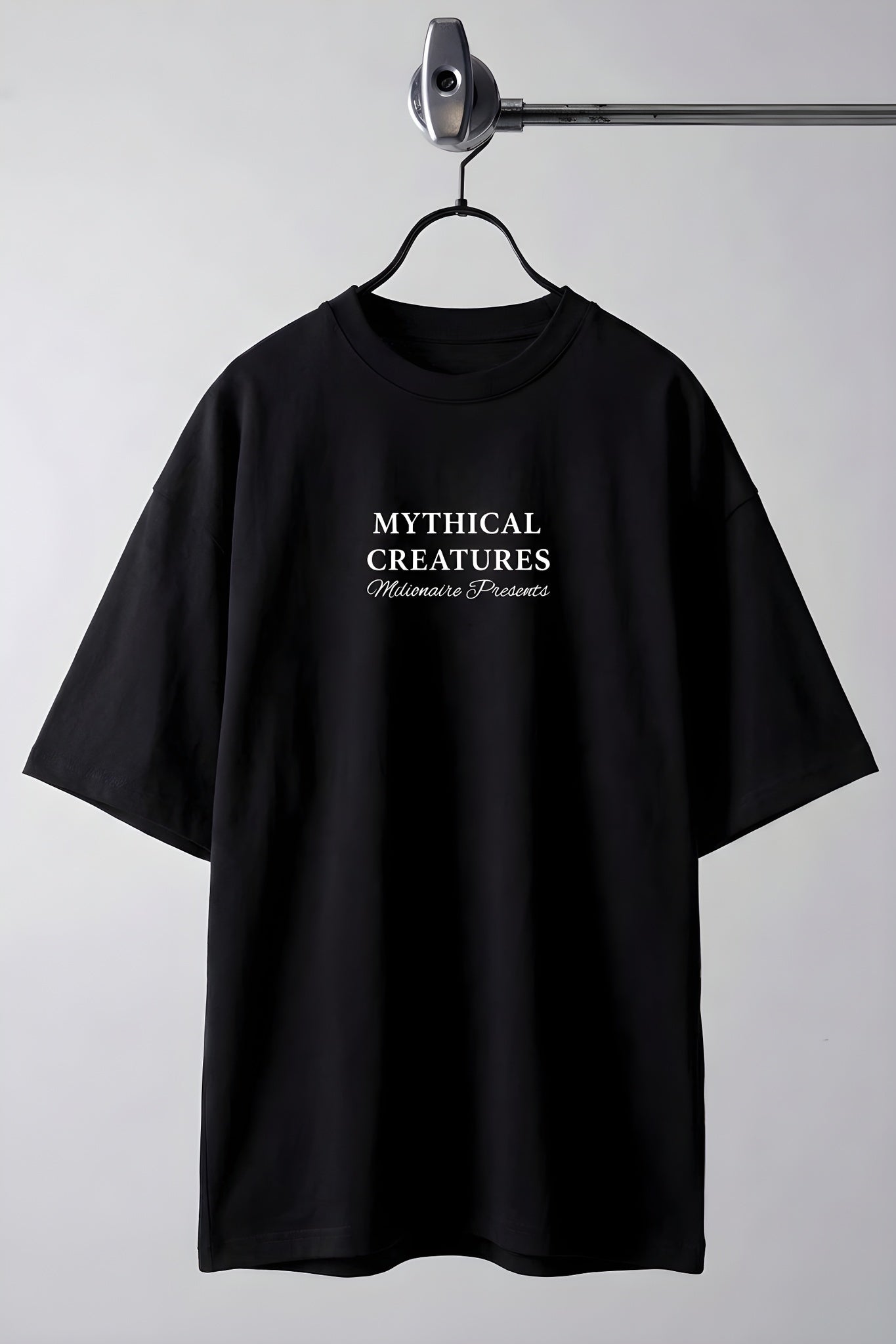Erkek Mythical Pegasus Baskılı Siyah Bisiklet Yaka Oversize Salaş T-Shirt