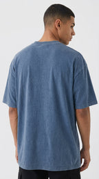 Erkek Mavi Oversize Asit Yıkamalı Eskitme Efektli Boyalı T-Shirt