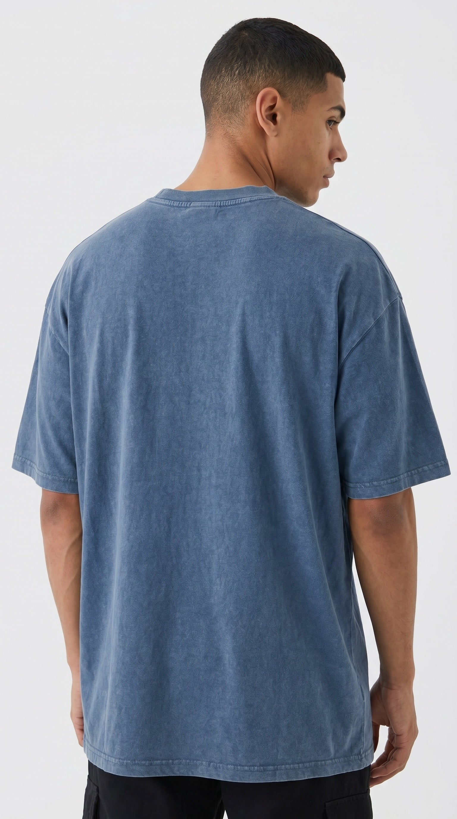 Erkek Mavi Oversize Asit Yıkamalı Eskitme Efektli Boyalı T-Shirt