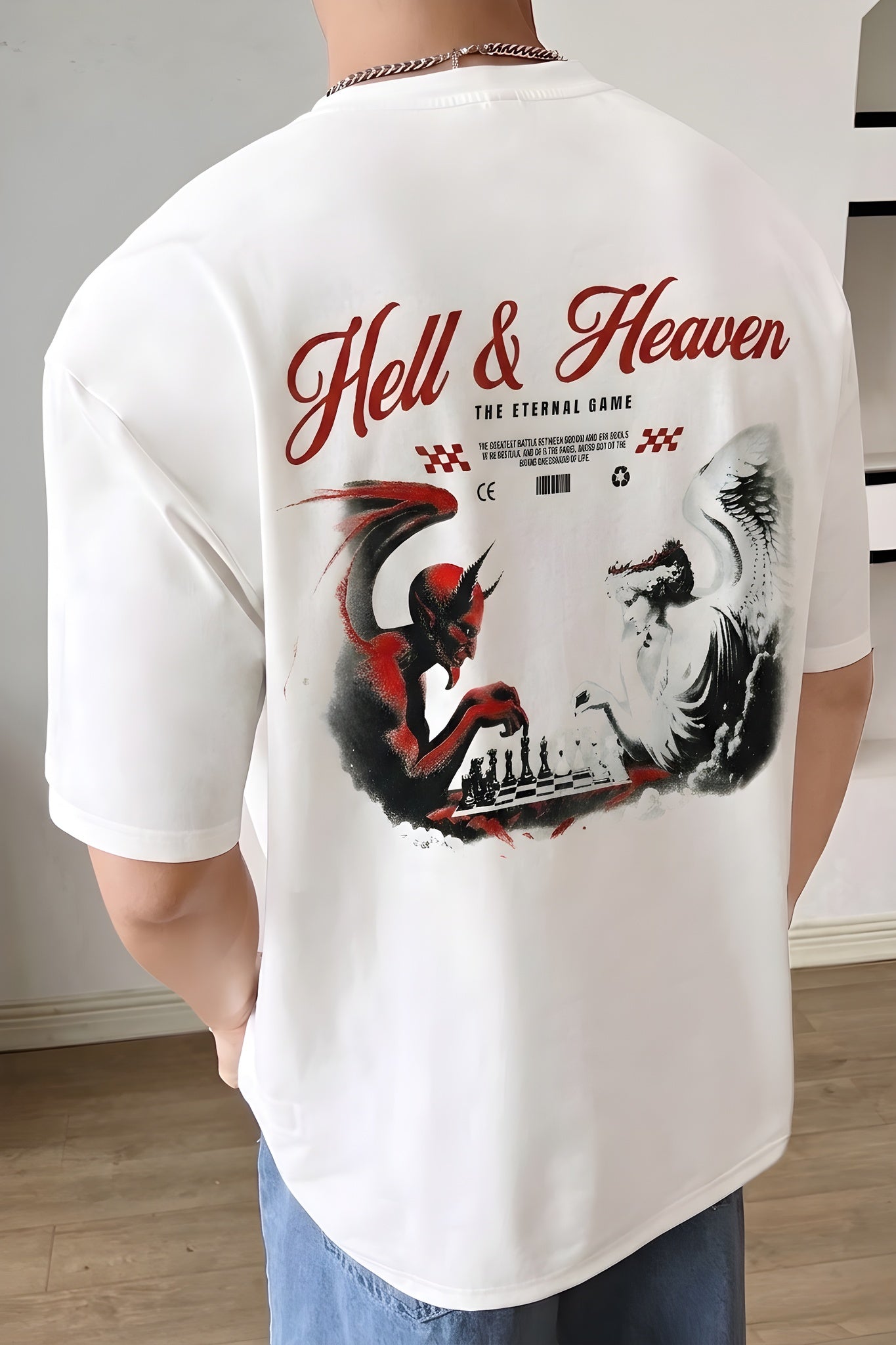 Erkek Ekru Beyaz Devil And Angel Oversize Fit Bol Geniş Kalıp Salaş Kesim T-shirt
